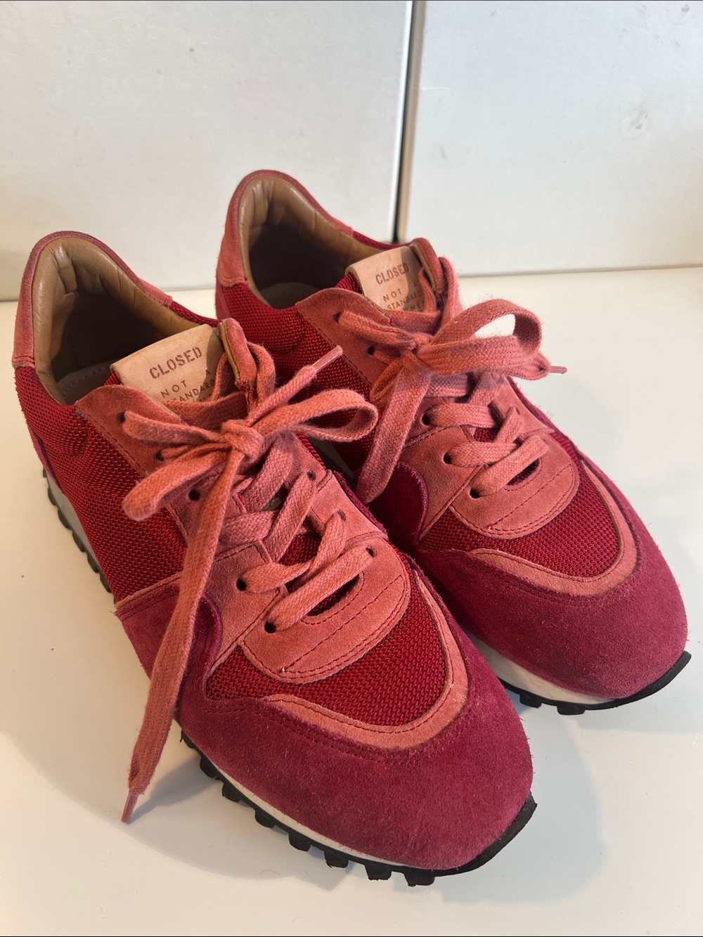 Closed Two-Tone Pink and Red Suede Mesh Sneakers